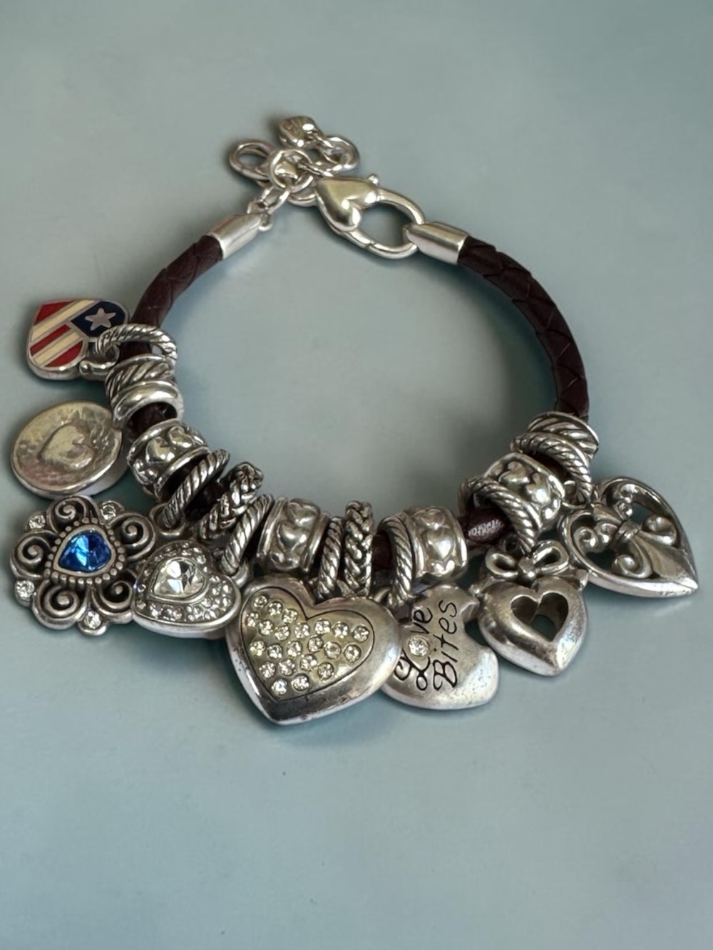Vintage Brighton Brown Leather Bracelet w/ 16 Charms & Spacers, Love & Hearts